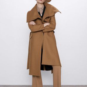 Zara Camel Wool Coat with Wrap Collar